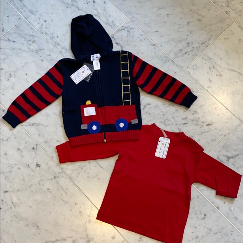 Florence Eiseman firetruck sweater and red shirt